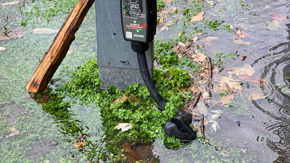 Flooded campsite with electrical connections underwater.